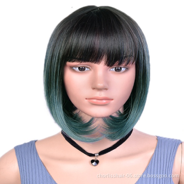 Private Label Cheap Heat Resistance Synthetic Wigs Ombre  Short Bob Cut Wigs Ombre Short Straight Wavy Bob With Bangs For Women